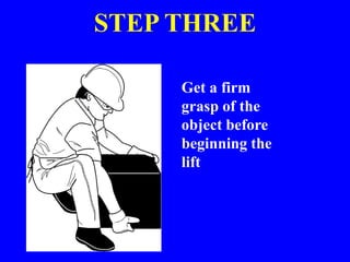 STEP THREE
Get a firm
grasp of the
object before
beginning the
lift
 