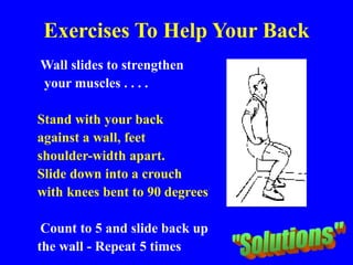 Exercises To Help Your Back
Wall slides to strengthen
your muscles . . . .
Stand with your back
against a wall, feet
shoulder-width apart.
Slide down into a crouch
with knees bent to 90 degrees
Count to 5 and slide back up
the wall - Repeat 5 times
 