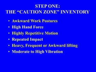 STEP ONE:
THE “CAUTION ZONE” INVENTORY
• Awkward Work Postures
• High Hand Force
• Highly Repetitive Motion
• Repeated Impact
• Heavy, Frequent or Awkward lifting
• Moderate to High Vibration
 