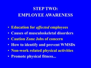 STEP TWO:
EMPLOYEE AWARENESS
• Education for affected employees
• Causes of musculoskeletal disorders
• Caution Zone Jobs of concern
• How to identify and prevent WMSDs
• Non-work related physical activities
• Promote physical fitness...
 