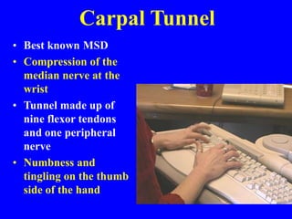 Carpal Tunnel
• Best known MSD
• Compression of the
median nerve at the
wrist
• Tunnel made up of
nine flexor tendons
and one peripheral
nerve
• Numbness and
tingling on the thumb
side of the hand
 