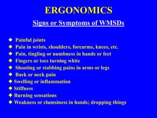 ERGONOMICS
Signs or Symptoms of WMSDs
 Painful joints
 Pain in wrists, shoulders, forearms, knees, etc.
 Pain, tingling or numbness in hands or feet
 Fingers or toes turning white
 Shooting or stabbing pains in arms or legs
 Back or neck pain
 Swelling or inflammation
 Stiffness
 Burning sensations
 Weakness or clumsiness in hands; dropping things
 