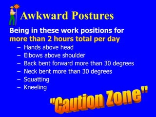 Awkward Postures
Being in these work positions for
more than 2 hours total per day
– Hands above head
– Elbows above shoulder
– Back bent forward more than 30 degrees
– Neck bent more than 30 degrees
– Squatting
– Kneeling
 