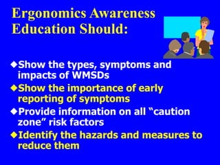 Ergonomics Awareness
Education Should:
Show the types, symptoms and
impacts of WMSDs
Show the importance of early
reporting of symptoms
Provide information on all “caution
zone” risk factors
Identify the hazards and measures to
reduce them
 