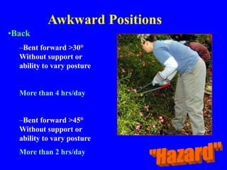 Awkward Positions
•Back
–Bent forward >30°
Without support or
ability to vary posture
More than 4 hrs/day
–Bent forward >45°
Without support or
ability to vary posture
More than 2 hrs/day
 