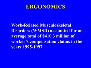 ERGONOMICS
Work-Related Musculoskeletal
Disorders (WMSD) accounted for an
average total of $410.3 million of
worker’s compensation claims in the
years 1995-1997
 