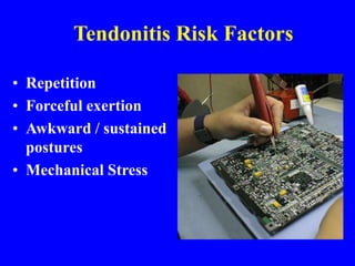 Tendonitis Risk Factors
• Repetition
• Forceful exertion
• Awkward / sustained
postures
• Mechanical Stress
 