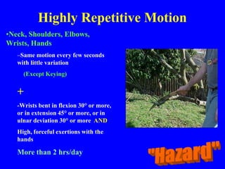 Highly Repetitive Motion
•Neck, Shoulders, Elbows,
Wrists, Hands
–Same motion every few seconds
with little variation
(Except Keying)
+
-Wrists bent in flexion 30° or more,
or in extension 45° or more, or in
ulnar deviation 30° or more AND
High, forceful exertions with the
hands
More than 2 hrs/day
 