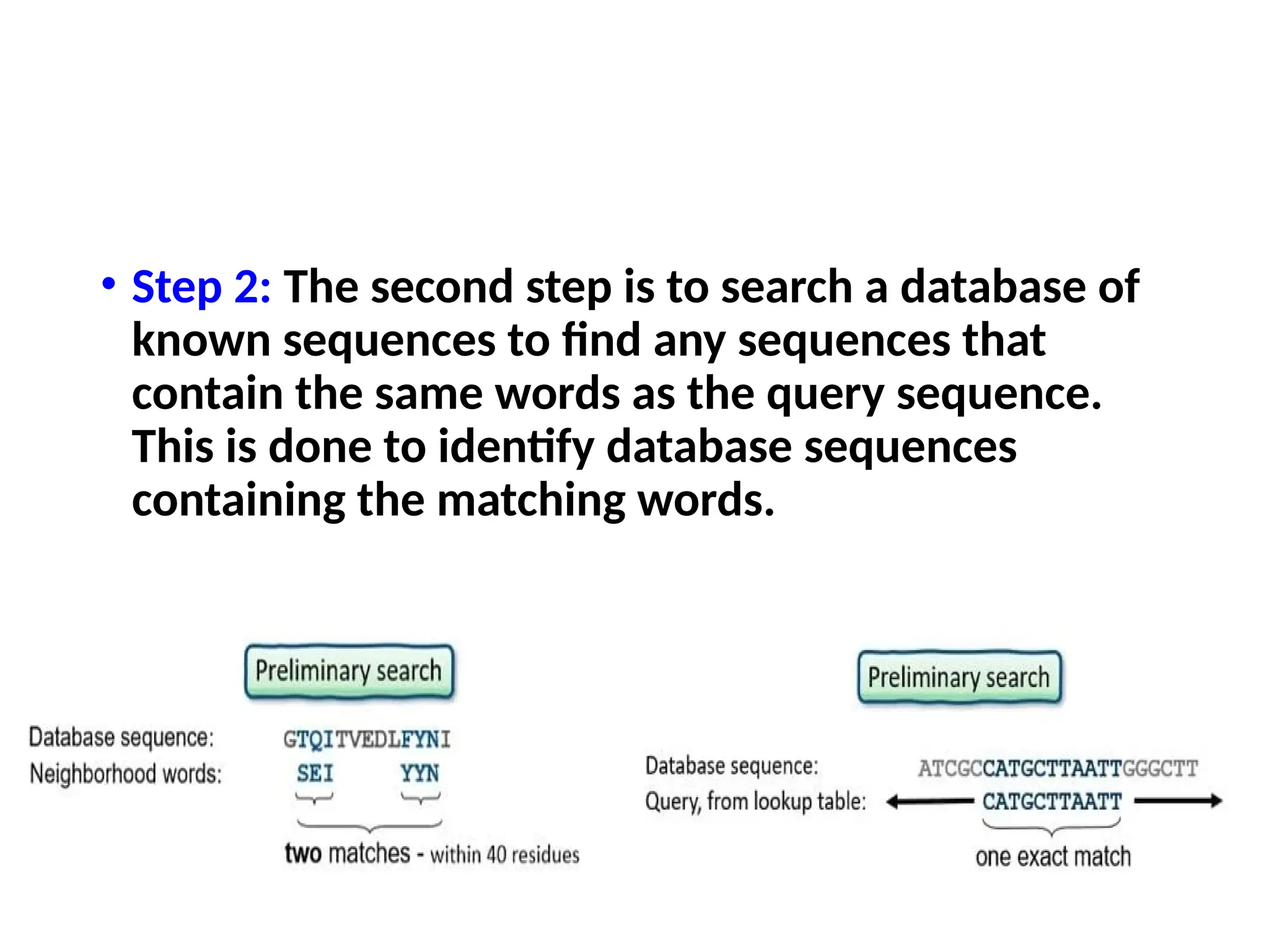 • Step 2: The second step is to search a database of
known sequences to find any sequences that
contain the same words as the query sequence.
This is done to identify database sequences
containing the matching words.
 