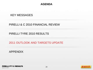 AGENDA KEY MESSAGES PIRELLI TYRE 2010 RESULTS APPENDIX PIRELLI & C 2010 FINANCIAL REVIEW 2011 OUTLOOK AND TARGETS UPDATE 