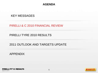 AGENDA KEY MESSAGES PIRELLI TYRE 2010 RESULTS APPENDIX PIRELLI & C 2010 FINANCIAL REVIEW 2011 OUTLOOK AND TARGETS UPDATE 