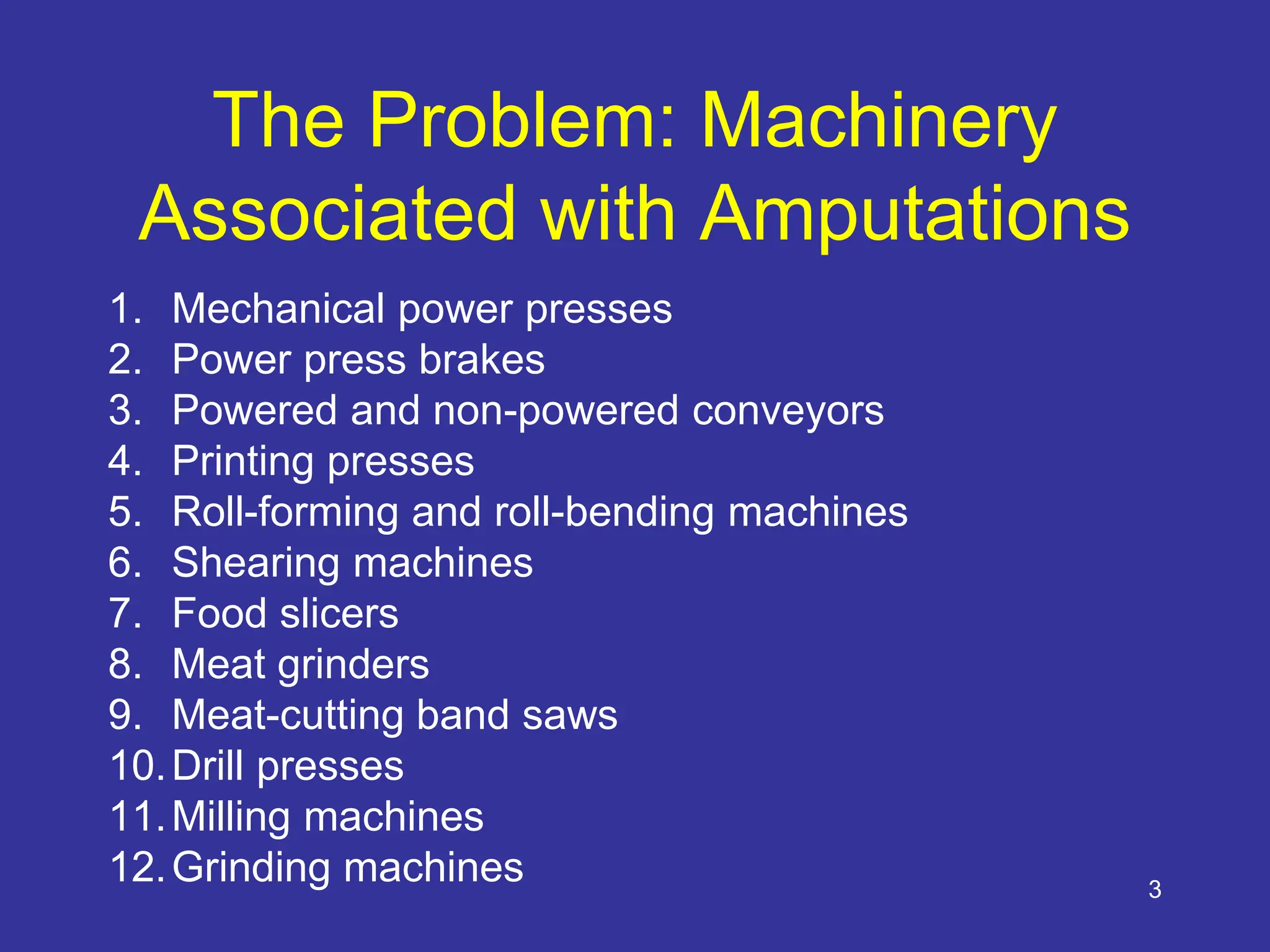 3
The Problem: Machinery
Associated with Amputations
1. Mechanical power presses
2. Power press brakes
3. Powered and non-powered conveyors
4. Printing presses
5. Roll-forming and roll-bending machines
6. Shearing machines
7. Food slicers
8. Meat grinders
9. Meat-cutting band saws
10.Drill presses
11.Milling machines
12.Grinding machines
 