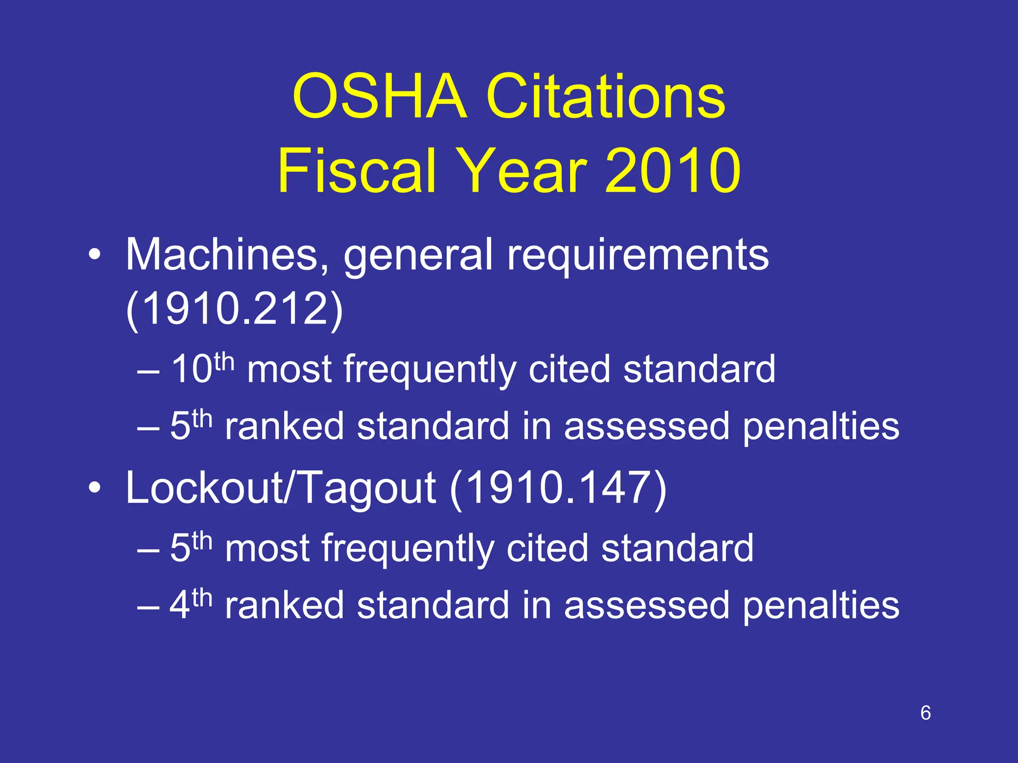 6
OSHA Citations
Fiscal Year 2010
• Machines, general requirements
(1910.212)
– 10th most frequently cited standard
– 5th ranked standard in assessed penalties
• Lockout/Tagout (1910.147)
– 5th most frequently cited standard
– 4th ranked standard in assessed penalties
 