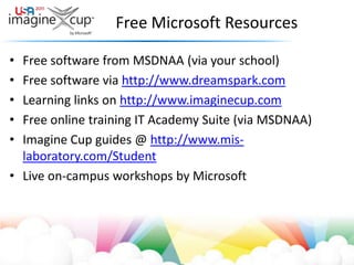 Free Microsoft ResourcesFree software from MSDNAA (via your school)Free software via http://www.dreamspark.comLearning links on http://www.imaginecup.comFree online training IT Academy Suite (via MSDNAA)Imagine Cup guides @ http://www.mis-laboratory.com/StudentLive on-campus workshops by Microsoft