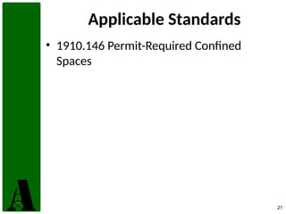 21
Applicable Standards
• 1910.146 Permit-Required Confined
Spaces
 