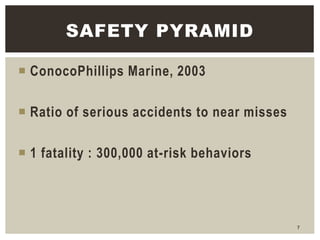  ConocoPhillips Marine, 2003
 Ratio of serious accidents to near misses
 1 fatality : 300,000 at-risk behaviors
7
SAFET...