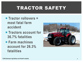  Tractor rollovers =
most fatal farm
accident
 Tractors account for
36.7% fatalities
 Farm machines
account for 26.3%
fatalities
TRACTOR SAFETY
4
*UW Extension Ag Safety and Health website
 