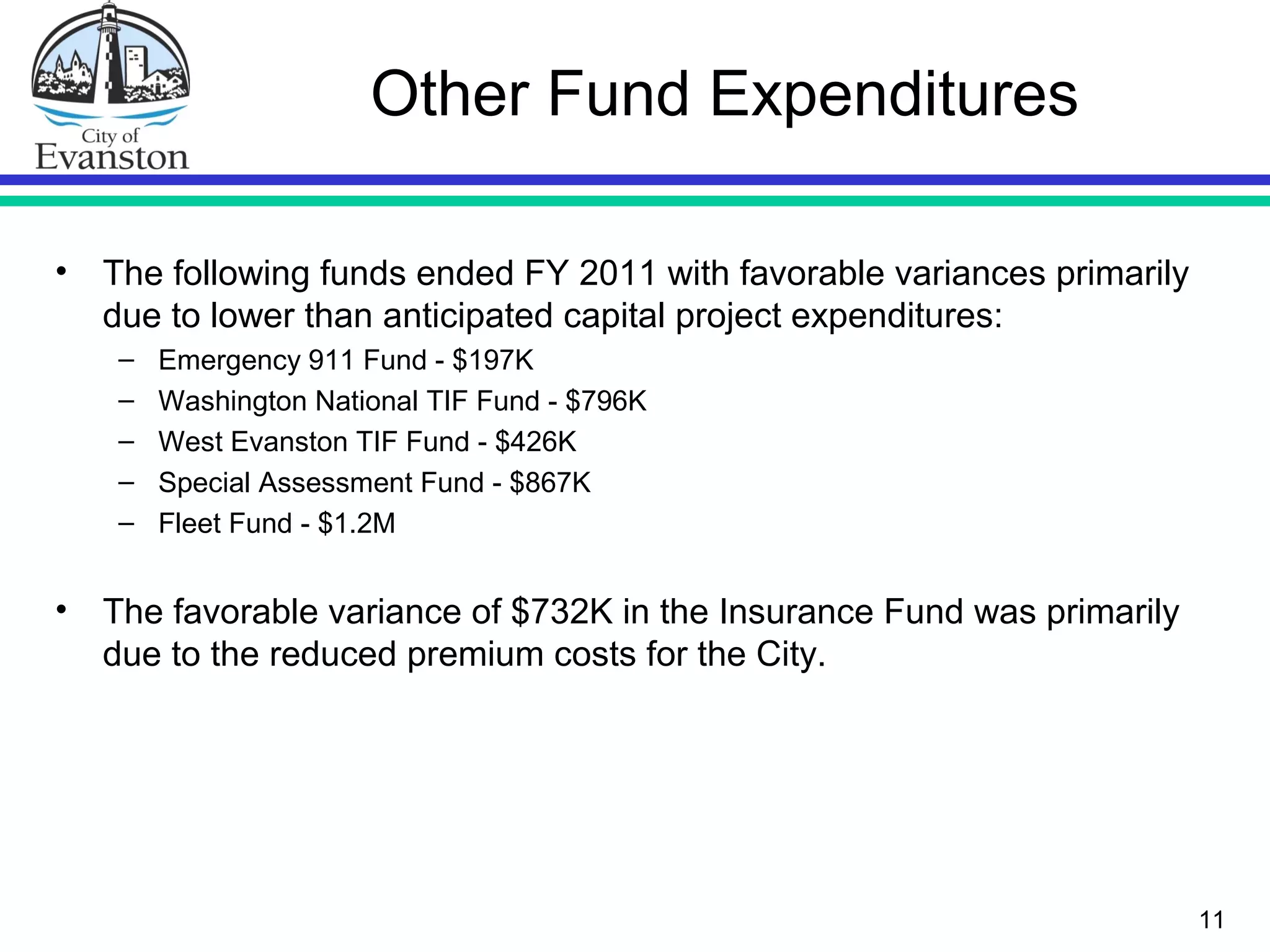 Other Fund Expenditures
• The following funds ended FY 2011 with favorable variances primarily
due to lower than anticipated capital project expenditures:
– Emergency 911 Fund - $197K
– Washington National TIF Fund - $796K
– West Evanston TIF Fund - $426K
– Special Assessment Fund - $867K
– Fleet Fund - $1.2M
• The favorable variance of $732K in the Insurance Fund was primarily
due to the reduced premium costs for the City.
11
 