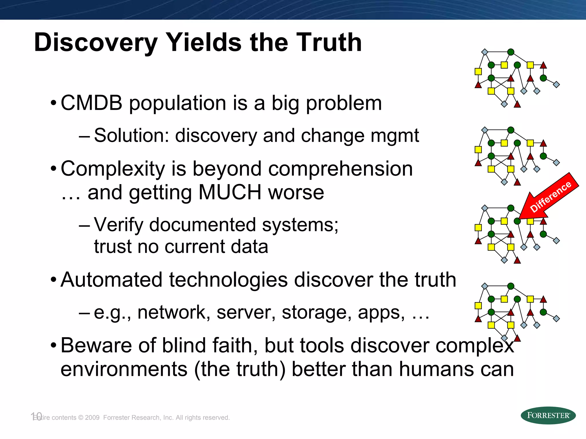 Discovery Yields the Truth CMDB population is a big problem Solution: discovery and change mgmt Complexity is beyond comprehension  … and getting MUCH worse Verify documented systems; trust no current data Automated technologies discover the truth e.g., network, server, storage, apps, … Beware of blind faith, but tools discover complex environments (the truth) better than humans can Difference  