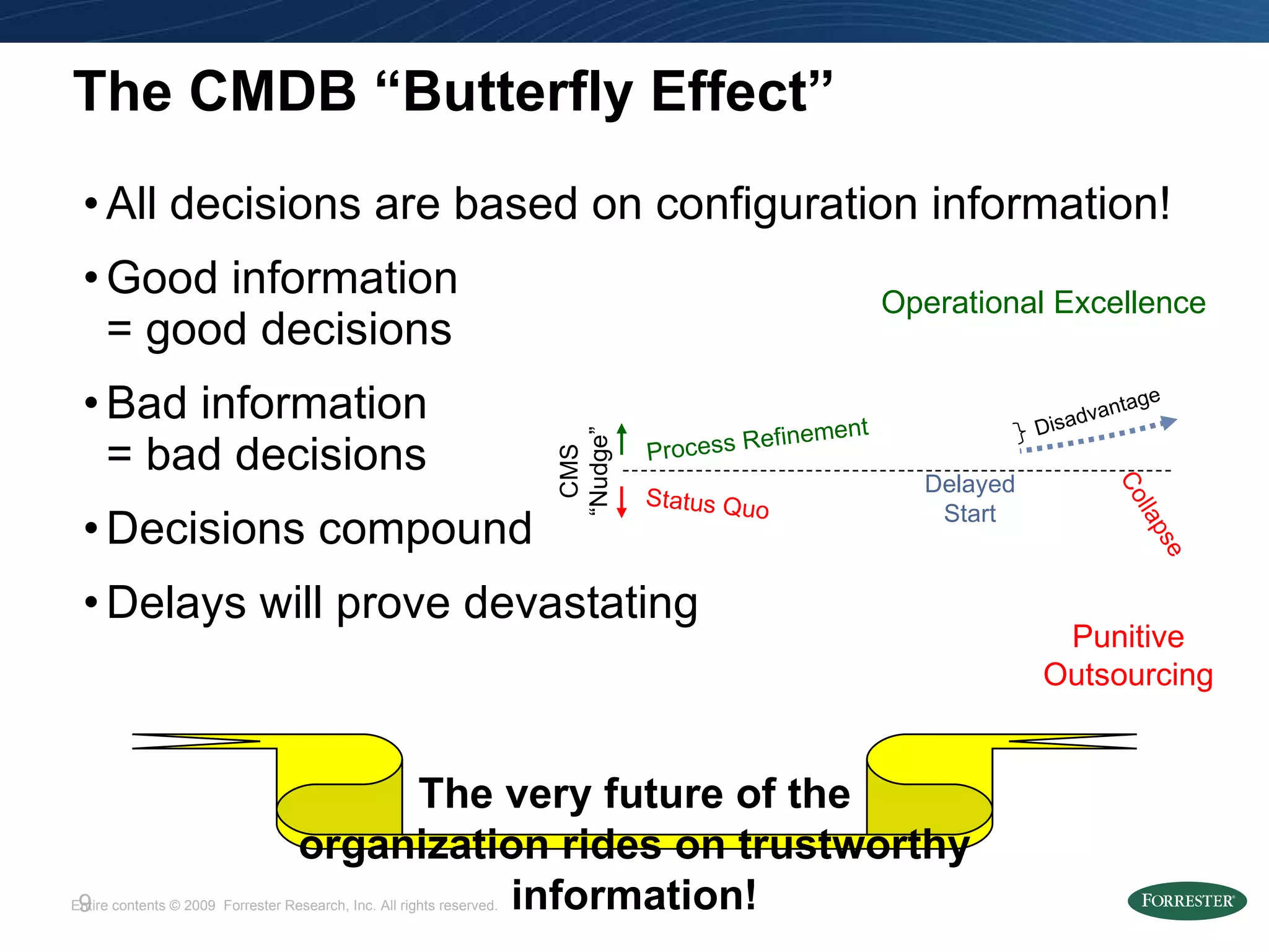 The CMDB “Butterfly Effect” All decisions are based on configuration information! Good information = good decisions Bad information = bad decisions Decisions compound Delays will prove devastating Punitive Outsourcing Operational Excellence Process Refinement Status Quo CMS “ Nudge” Disadvantage Delayed Start Collapse The very future of the organization rides on trustworthy information! 