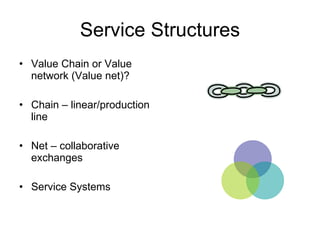 Service Structures Value Chain or Value network (Value net)? Chain – linear/production line Net – collaborative exchanges Service Systems 