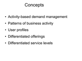 Concepts Activity-based demand management Patterns of business activity User profiles Differentiated offerings Differentiated service levels 