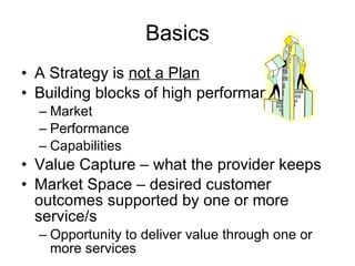 Basics A Strategy is  not a Plan Building blocks of high performance Market Performance  Capabilities Value Capture – what the provider keeps Market Space – desired customer outcomes supported by one or more service/s Opportunity to deliver value through one or more services 