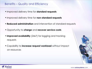 Benefits – Quality and Efficiency Improved delivery time for  standard requests Improved delivery time for  non-standard requests Reduced administration  and intervention of standard requests Opportunity to  charge  and  recover service costs  Improved availability  (24x7) for logging and tracking  requests Capability to  increase request workload  without impact  on resources 