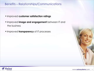 Benefits – Relationships/Communications Improved  customer satisfaction ratings Improved  image and engagement  between IT and  the business Improved  transparency  of IT processes 