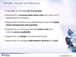 Benefits – Quality and Efficiency <ul><li>Capability to manage  non-IT processes </li></ul><ul><li>Opportunity to  recover...