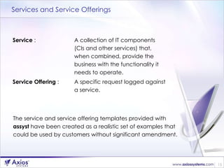 Services and Service Offerings Service  :  A collection of IT components (CIs and other services) that, when combined, provide the business with the functionality it needs to operate.  Service Offering  :  A specific request logged against a service. The service and service offering templates provided with  assyst  have been created as a realistic set of examples that could be used by customers without significant amendment. 