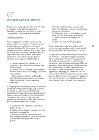 07
Operationalizing our strategy

And we must continually recognize that this return             4. Lay foundations for future growth and
is a function of IBP portfolio quality and                     achieve the objectives required to create value
Capabilities capacity and cost—and, as such, a                 through our acquisitions
company-wide, executive-level responsibility.                  5. Drive higher return on Capabilities through
                                                               better solutions and delivery effectiveness
Corporate dashboard                                            6. Create a capable and engaged set of
                                                               leaders
Acknowledging the importance of measuring                      7. Deliver on multi-year financial goals
progress against our long term strategy, we have
developed and are implementing this year a                 These metrics will be quarterly, trailing twelve                 16
corporate dashboard for this purpose. This tool is         month or annual measures, and for most we will
intended to provide a medium term strategic view,

developed in and used by other parts of the                The primary audience for the corporate dashboard
                                                           will be the GET, though the regional leadership
objectives of the corporate dashboard are:                 teams and senior leadership of various functions
                                                           will also be actively involved in using this new
                                                           management tool. Secondary audiences will be the
    providing a clear, shared and actionable view          Supervisory Board and Vistaprint overall—once we
    of the strategy                                        are confident this is a useful measurement tool,
                                                           we intend to share it transparently across the
    to measure success of our strategy, and create         organization. Beginning in Q1 FY13, the GET will
    accountability                                         review and discuss the corporate dashboard results
                                                           quarterly. Each year as we complete the update of
    internally about progress against our strategy         the corporate strategy, we will likewise adjust the
                                                           corporate dashboard to ensure it is in alignment.


In designing the corporate dashboard, we explored


Vistaprint-specific approach closely aligned with the
ways we have structured and communicated our
corporate strategy. As such, the corporate
dashboard is classified into seven areas, with more
granular metrics under each of these:

    1. Create value for customers to earn their
    lifetime loyalty
    2. Achieve a step function improvement in our
    manufacturing capabilities
    3. Embrace digital and the integration of
    physical-digital offerings as critical to sustaining
    our core and creating the next wave of
    growth




                                                                                             Vistaprint CONFIDENTIAL © FY2012
 