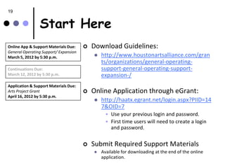 19


                Start Here
Online App & Support Materials Due:       Download Guidelines:
General Operating Support/ Expansion
March 5, 2012 by 5:30 p.m.                    http://www.houstonartsalliance.com/gran
                                               ts/organizations/general-operating-
Continuations Due:                             support-general-operating-support-
March 12, 2012 by 5:30 p.m.                    expansion-/
Application & Support Materials Due:
Arts Project Grant                        Online Application through eGrant:
April 16, 2012 by 5:30 p.m.
                                              http://haatx.egrant.net/login.aspx?PIID=14
                                               7&OID=7
                                                 • Use your previous login and password.
                                                 • First time users will need to create a login
                                                   and password.


                                          Submit Required Support Materials
                                              Available for downloading at the end of the online
                                               application.
 