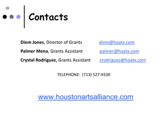 20


         Contacts

     Diem Jones, Director of Grants        diem@haatx.com
     Palmer Mena, Grants Assistant         palmer@haatx.com
     Crystal Rodriguez, Grants Assistant   crodriguez@haatx.com

                       TELEPHONE: (713) 527-9330




             www.houstonartsalliance.com
 