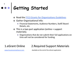 3


            Getting Started
               Read the FY13 Grants for Organizations Guidelines
               Gather Organizational Info:
                    Financial Statements, Audience Numbers, Staff/ Board
                     Details, etc.
               This is a two part application (online + support
                materials).
                    Organizations that do not submit their full applications on
                     time will not be considered for funding.



1.eGrant Online                   2.Required Support Materials
www.houstonartsalliance.com       Available at the end of the eGrant application
 
