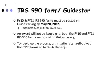 6


        IRS 990 form/ Guidestar
       FY10 & FY11 IRS 990 forms must be posted on
        Guidestar.org by May 20, 2012.
           FY10 (2009-2010) and FY10 (2010-2011)

       An award will not be issued until both the FY10 and FY11
        IRS 990 forms are posted on Guidestar.org.
       To speed up the process, organizations can self-upload
        their 990 forms on to Guidestar.org.
 