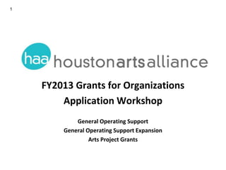 1




    FY2013 Grants for Organizations
        Application Workshop
            General Operating Support
        General Operating Support Expansion
                 Arts Project Grants
 