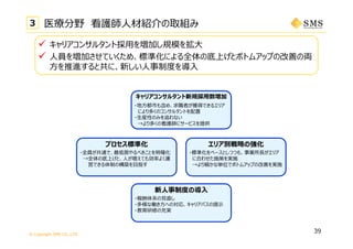 © Copyright SMS CO.,LTD.
39
3 医療分野 看護師⼈材紹介の取組み
 キャリアコンサルタント採⽤を増加し規模を拡⼤
 ⼈員を増加させていくため、標準化による全体の底上げとボトムアップの改善の両
⽅を推進すると共に、新しい⼈事制度を導⼊
キャリアコンサルタント新規採⽤数増加
・地⽅都市も含め、求職者が獲得できるエリア
により多くのコンサルタントを配置
・⽣産性のみを追わない
→より多くの看護師にサービスを提供
プロセス標準化
・全員が共通で、最低限やるべきことを明確化
→全体の底上げと、⼈が増えても効率よく運
営できる体制の構築を⽬指す
エリア別戦略の強化
・標準化をベースとしつつも、事業所⻑がエリア
に合わせた施策を実施
→より細かな単位でボトムアップの改善を実施
新⼈事制度の導⼊
・報酬体系の⾒直し
・多様な働き⽅への対応、キャリアパスの提⽰
・教育研修の充実
 