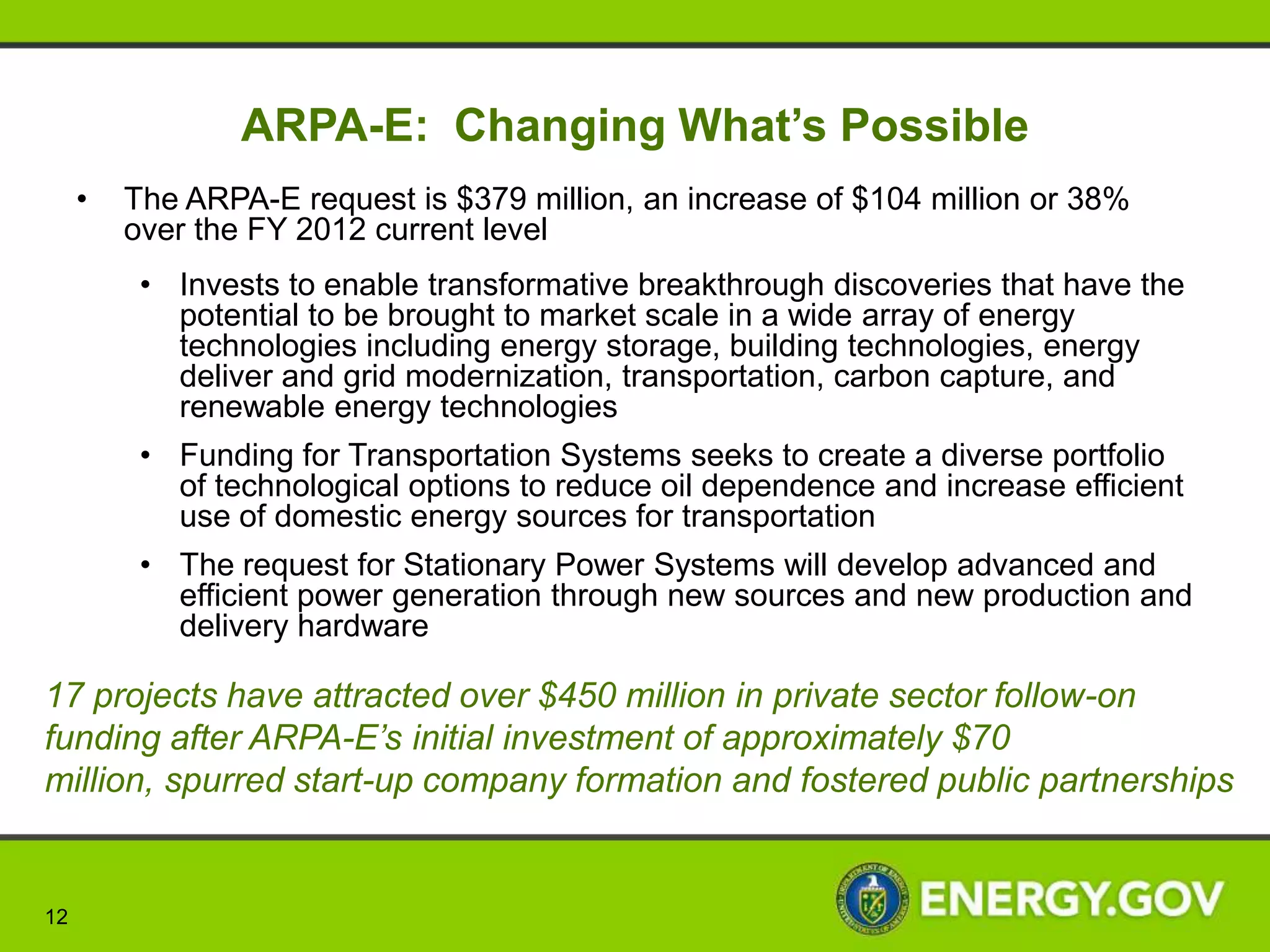 Nuclear Energy - $735 million




          Small Modular               Strategy for the                Changes within
            Reactors                  Management and                  Radiological Facilities
     • NE made one selection (Nov     Disposal of used                Management
       2012) and issued a second      Nuclear Fuel and High           • Space and Defense
       FOA (March 2013)               Level Radioactive                 Infrastructure moves to full
     • The SMR program will provide   Waste                             cost recovery (-$65M)
       $452M over 6 years
                                      • Proposes financing reform
                                      • Provides $60 million for
                                        activities to lay the
                                        groundwork for design of an
                                        integrated waste management
                                        system and related research
                                        and development activities.




12
 