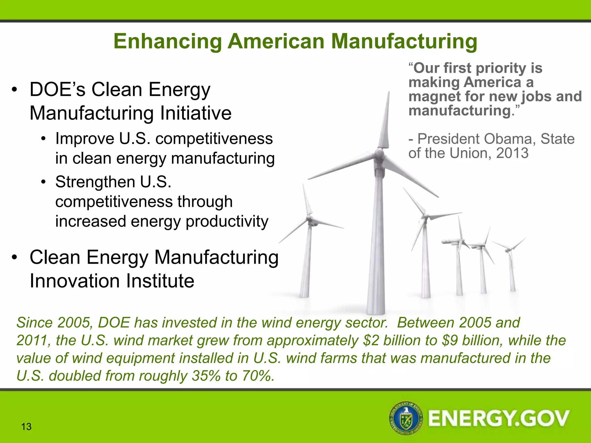 ARPA-E: Changing What’s Possible
     •   The ARPA-E request is $379 million, an increase of $104 million or 38%
         over the FY 2012 current level
          • Invests to enable transformative breakthrough discoveries that have the
            potential to be brought to market scale in a wide array of energy
            technologies including energy storage, building technologies, energy
            deliver and grid modernization, transportation, carbon capture, and
            renewable energy technologies
          • Funding for Transportation Systems seeks to create a diverse portfolio
            of technological options to reduce oil dependence and increase efficient
            use of domestic energy sources for transportation
          • The request for Stationary Power Systems will develop advanced and
            efficient power generation through new sources and new production and
            delivery hardware

17 projects have attracted over $450 million in private sector follow-on
funding after ARPA-E’s initial investment of approximately $70
million, spurred start-up company formation and fostered public partnerships


13
 