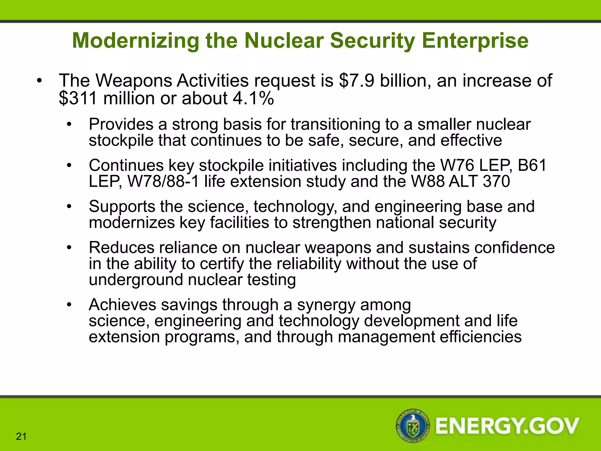 NNSA FY 2014 Budget Request = $11.7 Billion

                           Legacy Contractor
                               Pensions                 Driving an Integrated
                                 3.2%                  and Effective Enterprise
                                                                4.7%


           Advancing Naval
          Nuclear Propulsion                                             Reducing Nuclear
                10.7%                                                        Dangers
                                                                              17.6%




     Modernizing the
      Infrastructure
          22.5%                                                             Managing the Nuclear
                                                                             Weapons Stockpile
                                                                                   22.5%


                   Security
                    5.8%                   Strengthening the
                                         Science, Technology &
                                           Engineering Base
                                                 13.0%




21
 