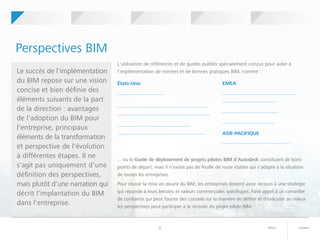 suivantretour6
Perspectives BIM
Le succès de l'implémentation
du BIM repose sur une vision
concise et bien définie des
éléments suivants de la part
de la direction : avantages
de l'adoption du BIM pour
l'entreprise, principaux
éléments de la transformation
et perspective de l'évolution
à différentes étapes. Il ne
s'agit pas uniquement d'une
définition des perspectives,
mais plutôt d'une narration qui
décrit l'implantation du BIM
dans l'entreprise.
L'utilisation de références et de guides publiés spécialement conçus pour aider à
l'implémentation de normes et de bonnes pratiques BIM, comme :
... ou le Guide de déploiement de projets pilotes BIM d'Autodesk constituent de bons
points de départ, mais il n'existe pas de feuille de route établie qui s'adapte à la situation
de toutes les entreprises.
Pour réussir la mise en œuvre du BIM, les entreprises doivent avoir recours à une stratégie
qui réponde à leurs besoins et valeurs commerciales spécifiques. Faire appel à un conseiller
de confiance qui peut fournir des conseils sur la manière de définir et d'exécuter au mieux
les perspectives peut participer à la réussite du projet pilote BIM.
EMEAÉtats-Unis
ASIE-PACIFIQUE
	 	Votre projet
pilote BIM
	 	Perspectives BIM 	 	Leadership BIM 	 	Mise en route	 	Qu'est-ce
que le BIM ?
New York : Directives BIM du DDC
(Department of Design and Construction)
Pays-Bas : Norme BIM Rgd
Finlande : Building Smart
Singapour : Guide BIM version 2
États-Unis américaine
Projet BIM de l'Université de Pennsylvanie :
Guide et modèles de planification d'exécution
Royaume-Uni : Structure standard
BSI et guide vers BS1192
 