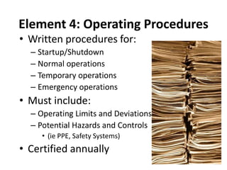 Element 5: Training
• Must include:
– Process Overview
– Safety and Health Hazards
– Procedures (emphasizing
emergency)
– ...