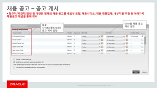Copyright © 2014 Oracle and/or its affiliates. All rights reserved. |
 정규직/파견직/인턴 등 다양한 형태의 채용 공고를 내외부 포털, 채용사이트, 채용 대행업체, 내부직원 추천 등 여러가지
채용공고 채널을 통해 게시
채용 공고 – 공고 게시
Case별 채용 공고
게시 설정
채용
사이트(내부/외부)
공고 게시 설정
 