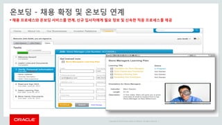 Copyright © 2014 Oracle and/or its affiliates. All rights reserved. |
 채용 프로세스와 온보딩 서비스를 연계, 신규 입사자에게 필요 정보 및 신속한 적응 프로세스를 제공
온보딩 - 채용 확정 및 온보딩 연계
 
