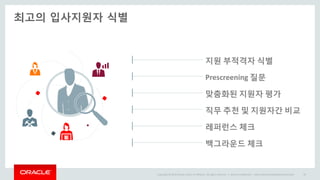Copyright © 2014 Oracle and/or its affiliates. All rights reserved. | Oracle Confidential – Internal/Restricted/Highly Restricted 34
최고의 입사지원자 식별
맞춤화된 지원자 평가
백그라운드 체크
레퍼런스 체크
직무 추천 및 지원자간 비교
지원 부적격자 식별
Prescreening 질문
 