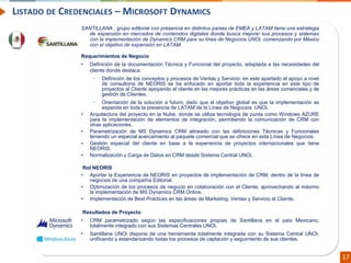 Confidential // Neoris 17
LISTADO DE CREDENCIALES – MICROSOFT DYNAMICS
SANTILLANA , grupo editorial con presencia en distintos países de EMEA y LATAM tiene una estrategia
de expansión en mercados de contenidos digitales donde busca mejorar sus procesos y sistemas
con la implementación de Dynamics CRM para su línea de Negocios UNOi, comenzando por México
con el objetivo de expansión en LATAM.
Requerimientos de Negocio
• Definición de la documentación Técnica y Funcional del proyecto, adaptada a las necesidades del
cliente donde destaca:
• Definición de los conceptos y procesos de Ventas y Servicio: en este apartado el apoyo a nivel
de consultoría de NEORIS se ha enfocado en aportar toda la experiencia en este tipo de
proyectos al Cliente apoyando al cliente en las mejores prácticas en las áreas comerciales y de
gestión de Clientes.
• Orientación de la solución a futuro, dado que el objetivo global es que la implementación se
expanda en toda la presencia de LATAM de la Línea de Negocios UNOi.
• Arquitectura del proyecto en la Nube, donde se utiliza tecnología de punta como Windows AZURE
para la implementación de elementos de integración, permitiendo la comunicación de CRM con
otras aplicaciones.
• Parametrización de MS Dynamics CRM alineado con las definiciones Técnicas y Funcionales
teniendo un especial acercamiento al paquete comercial que se ofrece en esta Línea de Negocios.
• Gestión especial del cliente en base a la experiencia de proyectos internacionales que tiene
NEORIS.
• Normalización y Carga de Datos en CRM desde Sistema Central UNOi.
Rol NEORIS
• Aportar la Experiencia de NEORIS en proyectos de implementación de CRM, dentro de la línea de
negocios de una compañía Editorial.
• Optimización de los procesos de negocio en colaboración con el Cliente, aprovechando al máximo
la implementación de MS Dynamics CRM Online.
• Implementación de Best Practices en las áreas de Marketing, Ventas y Servicio al Cliente.
Resultados de Proyecto
• CRM parametrizado según las especificaciones propias de Santillana en el país Mexicano,
totalmente integrado con sus Sistemas Centrales UNOi.
• Santillana UNOi dispone de una herramienta totalmente integrada con su Sistema Central UNOi,
unificando y estandarizando todas los procesos de captación y seguimiento de sus clientes.
 