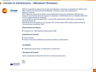 Confidential // Neoris 23
LISTADO DE CREDENCIALES – MICROSOFT DYNAMICS
NEXTEL es el proveedor de radiocomunicaciones líder en México; inició sus operaciones en el país en
1994 y actualmente tiene cobertura en más de 40 ciudades. Ofrece varios servicios digitales en 1
solo equipo: Conexión Directa (nacional e internacional), Acceso a la Red Telefónica, Recepción de
Mensajes y NEXTEL Online (servicio de datos).
Requerimientos de Negocio
• Con Oracle Financial instalado en la compañía, Nextel necesitaba que sus procesos de cobro y
crédito, así como los ajustes, estuvieran totalmente integrados en el nuevo sistema. Por lo tanto,
todos los procesos relacionados con estas funciones se mapearon e instalaron en una herramienta
BPMS que garantizó la integridad de los datos y que estos procesos funcionaran de acuerdo con lo
que se había mapeado.
Rol NEORIS
 Implementación del proyecto
Resultados de Proyecto
• La solución de NEORIS se implementó en dos pasos: primero, un profesional examinará los
procesos actuales y determinó las necesidades de capacitación y los ajustes necesarios. Luego,
trabajando en conjunto con los usuarios, se confirmaron los procesos y se identificaron nuevas
mejoras para beneficiar a Nextel día tras día. Ambos procesos definidos son críticos para la
compañía, ya que están relacionados con reglas comerciales que pueden afectar las ganancias de
la compañía.
Año
2005
NEO es el operador de telecomunicaciones especializado en soluciones convergentes de Telefonía Fija,
Móvil, Internet y Cloud para Empresas Medianas y Grandes, y para otros operadores de
telecomunicaciones
NEO dispone de red propia de ámbito nacional diferente de la de otros operadores. NEO tiene red
propia en las principales zonas de negocios e industriales, convirtiéndose así en la verdadera alternativa
de comunicaciones para las empresas
La red de NEO es de última generación. La red de NEO está basada en fibra óptica y tecnología de
última generación 4G
Además de servicios basados en su red propia 4G y de fibra óptica, NEO también presta servicios de
comunicaciones corporativas VSAT
Requerimientos de Negocio
 Sustitución de CRM Siebel por MS Dynamics CRM
Estadísticas de Proyecto
 Países: México
 Alcance: Procesos de Marketing, Preventa, PostVenta y Ordenamiento
Rol NEORIS
 Adjudicación del proyecto en colaboración con Microsoft
Resultados de Proyecto
Servicio Adjudicado en Noviembre de 2014 (en fase de lanzamiento)
Año
2015
 