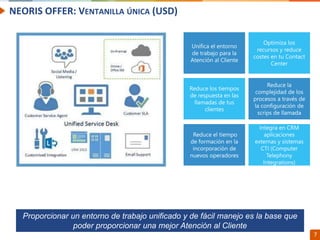 Confidential // Neoris 7
NEORIS OFFER: VENTANILLA ÚNICA (USD)
Proporcionar un entorno de trabajo unificado y de fácil manejo es la base que
poder proporcionar una mejor Atención al Cliente
 
