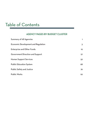 AGENCY PAGES BY BUDGET CLUSTER
Summary of All Agencies	 1
Economic Development and Regulation	 3
Enterprise and Other Funds	 19
Government Direction and Support	 27
Human Support Services	 52
Public Education System	 68
Public Safety and Justice	 76
Public Works	 92
	
Table of Contents
 